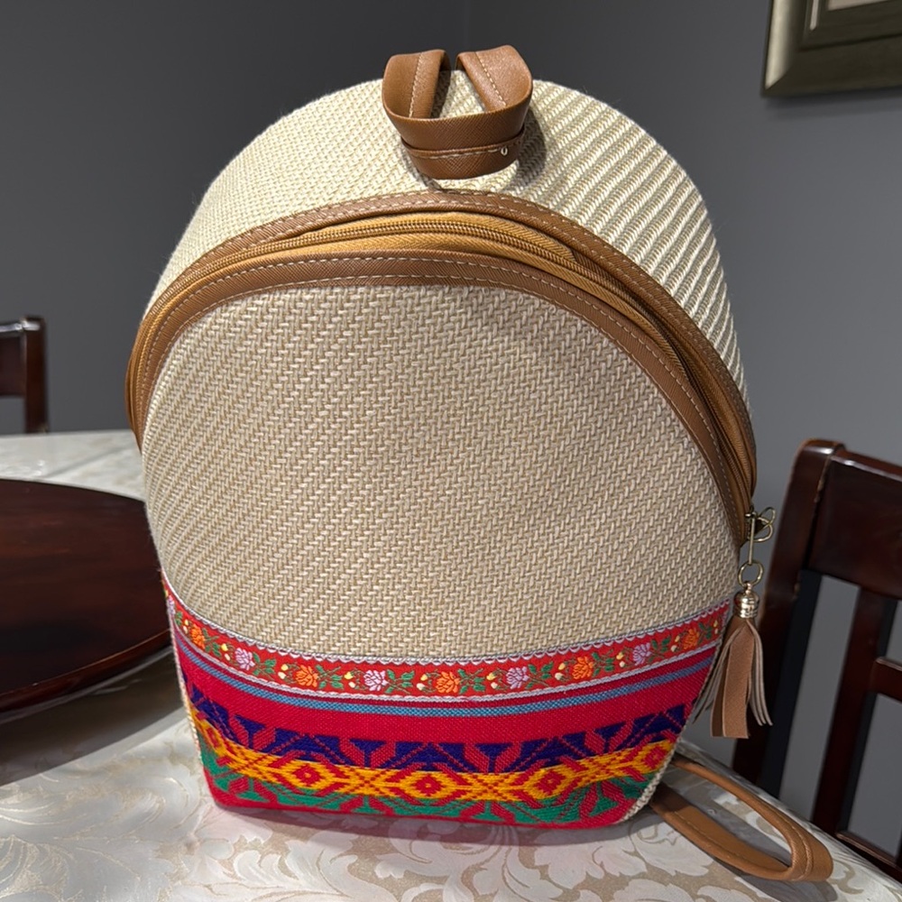 Mexican Cream Backpack with Colorful Decorative Band